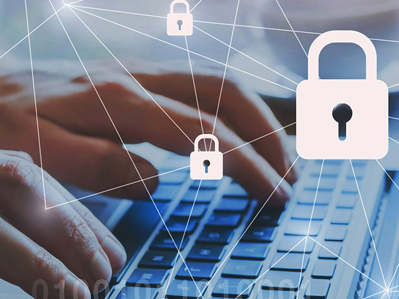 A digital lock symbolizing security and privacy in the online world, surrounded by binary code and data protection icons.