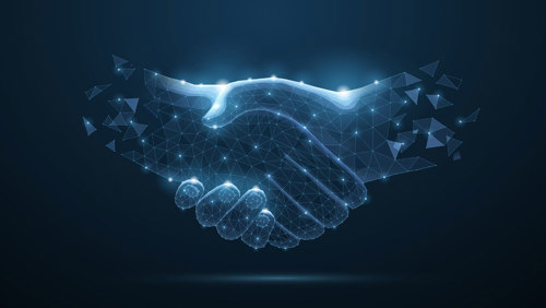 Digital illustration of two hands shaking, composed of glowing blue polygonal shapes and lines, symbolizing technology, partnership, and virtual collaboration.