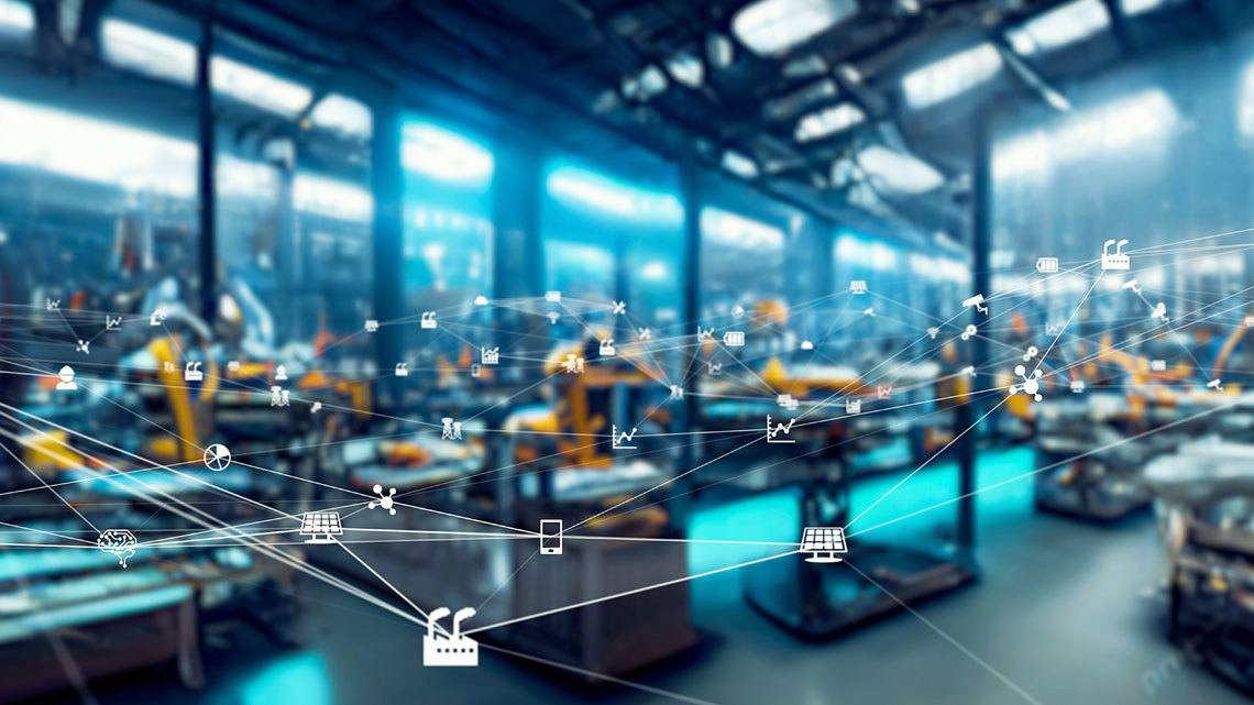 Blurred factory with connecting nodes symbolised as different icons