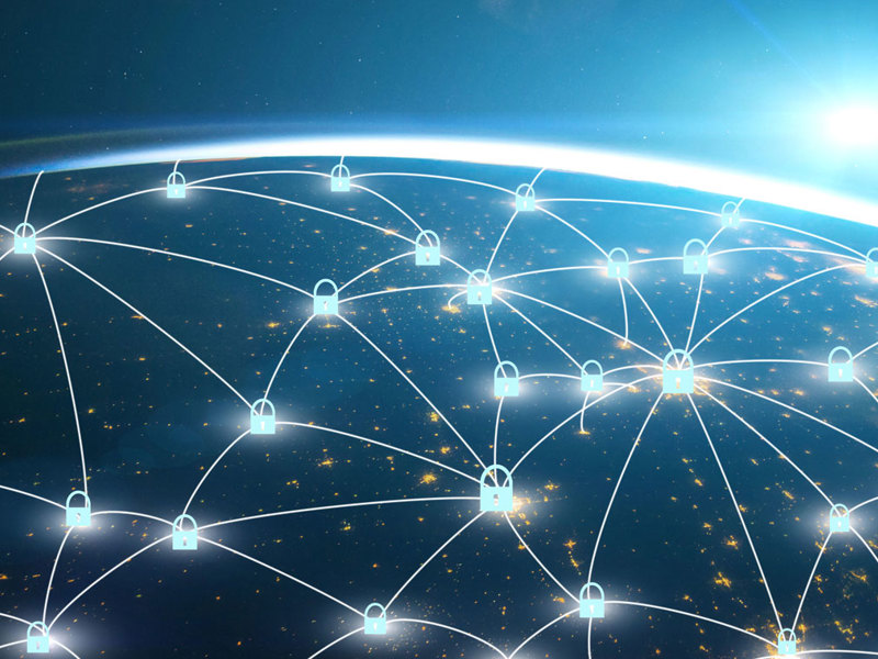 The Earth is depicted at the center, surrounded by a web of interconnected lines symbolizing global secure connections