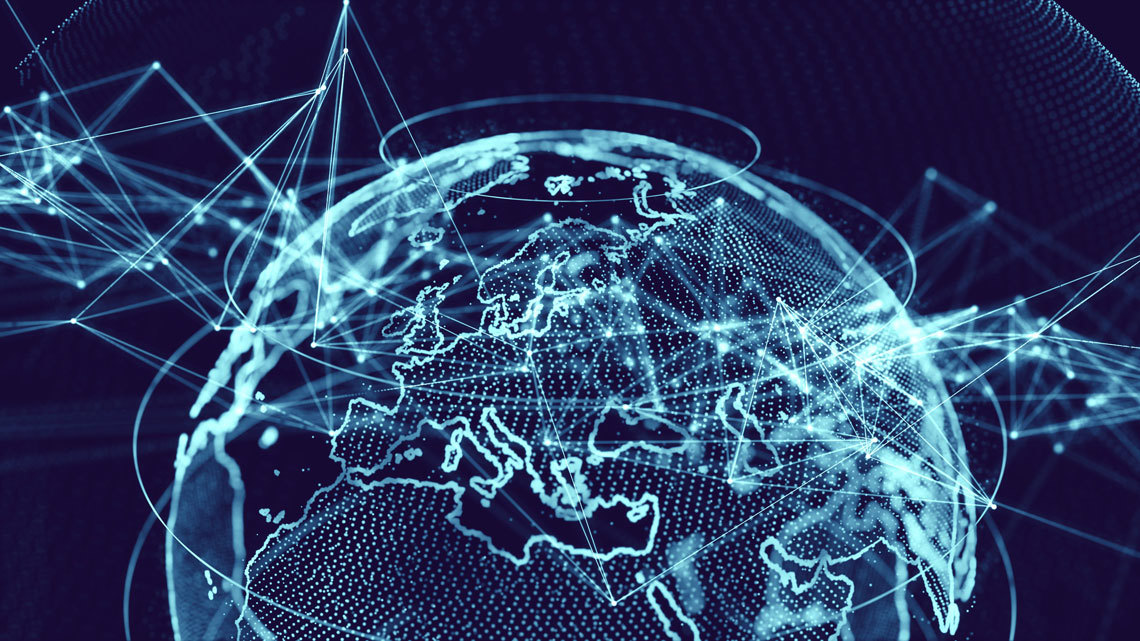 A visual depiction of a network of lines and dots connecting various points, representing the interconnectedness of the world.