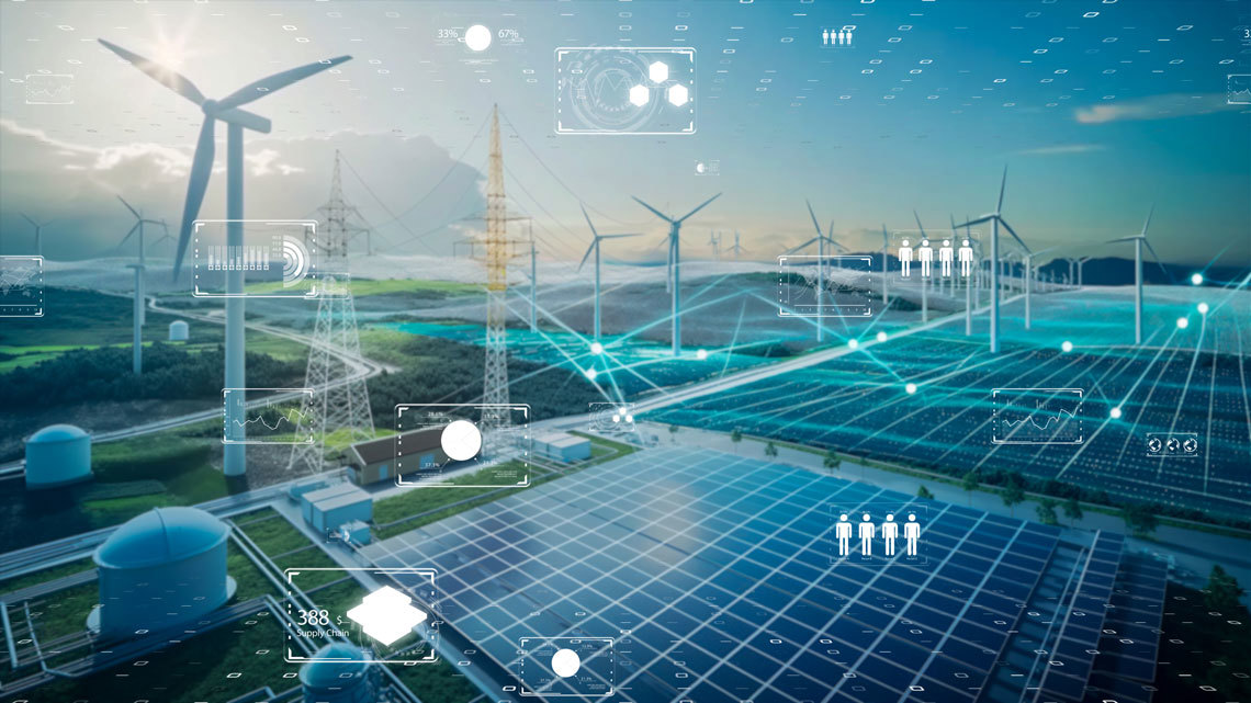 Renewable power grid with solar panels and wind turbines