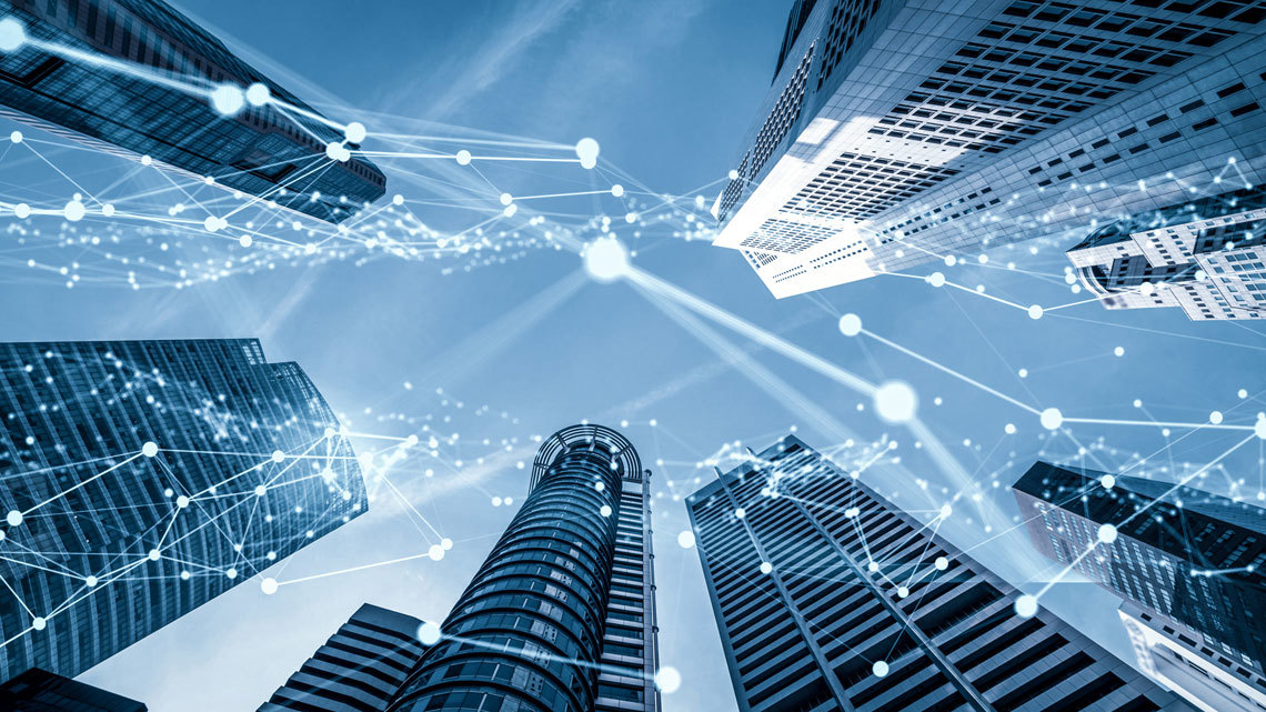 rban skyline encircled by dynamic network connections, representing the fusion of city life and digital communication.
