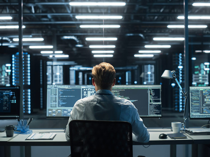 A man seated at a desk in a data center, surrounded by servers and technology equipment